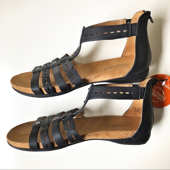 Natural Soul Shoes - Natural Soul Sandals Size 9.5 M Strappy Flats Gladiator Zip Black Silver Accents
